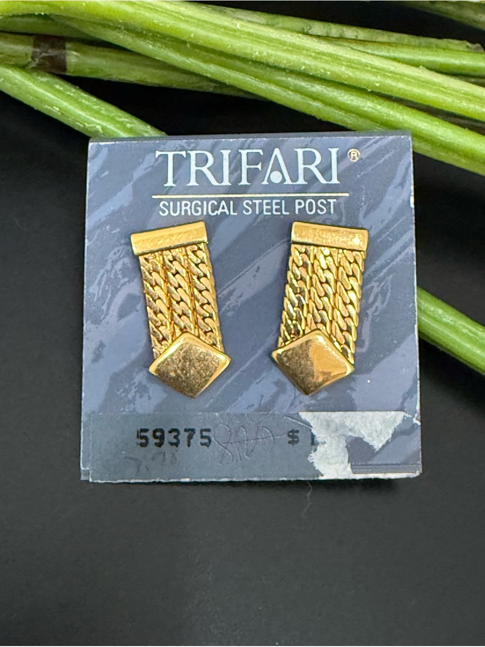 Vintage TRIFARI Gold-tone Surgical Steel Post Geometric Herringbone Earrings